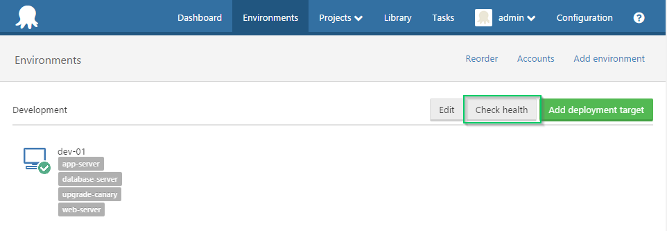 A successful health check on the Octopus 2018.10 LTS server