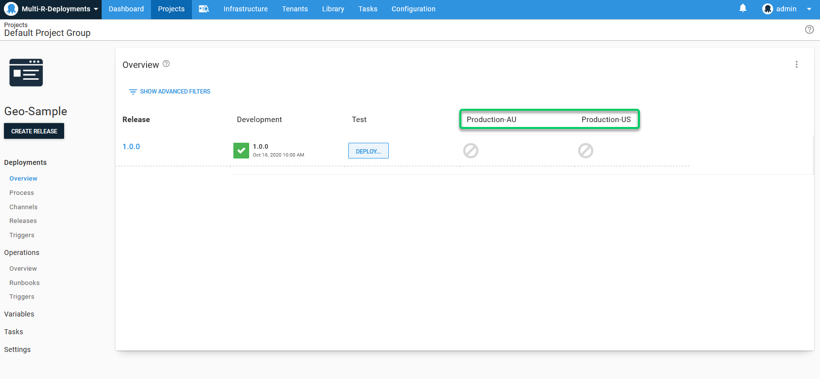 Dev and Test environments alongside two production region environments